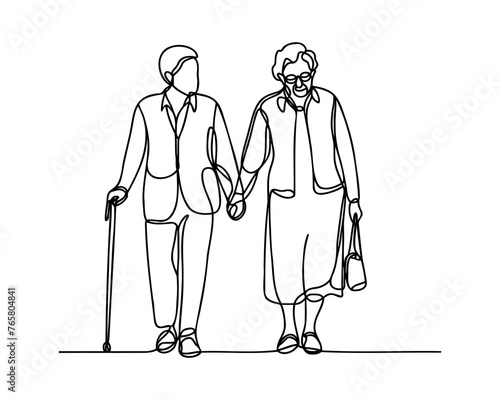Continuous one line drawing old man and old woman walking