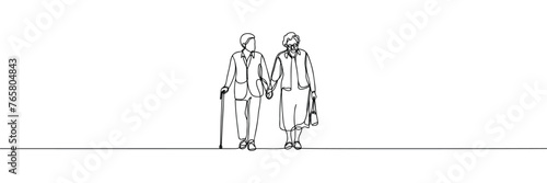 Continuous one line drawing old man and old woman walking