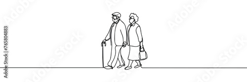 Continuous one line drawing old man and old woman walking