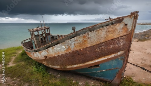 An old rusty fishing boat abandoned by a storm on the shore