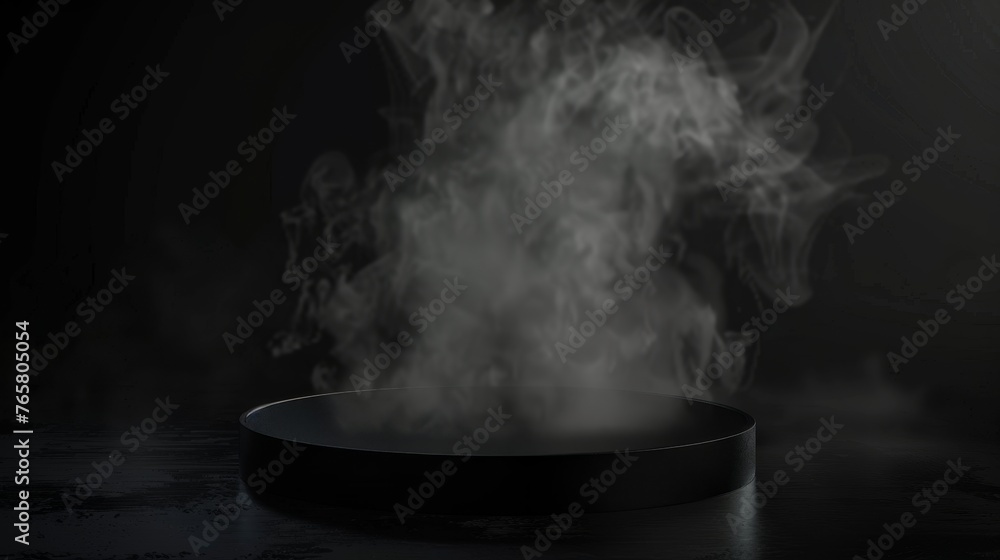 Black rock podium with smoke