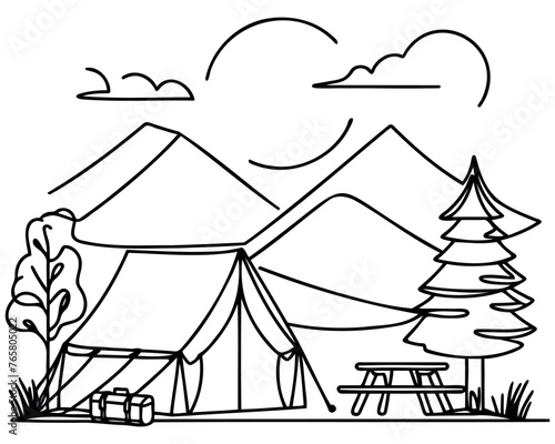 Single one line drawing tourist tent in pine forest, mountains on cloudy sky. Summer camping. Natural outdoor activities. Tent and fire camp