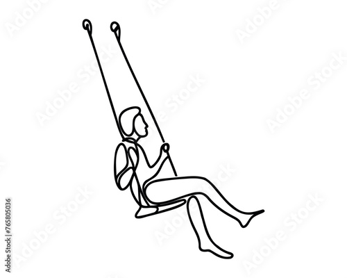 Man swinging on a swing in continuous line art drawing style. Black linear sketch isolated on white background. Vector illustration
