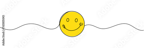 One continuous line art smiling face isolated vector illustration on white background