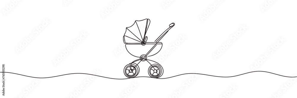 Obraz premium baby stroller woman drawn in one line style. Vector illustration.