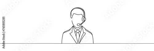 Continuous one line drawing of young man sitting in front of a computer with a headset. simple customer serive worker outline vector illustration © dariachekman