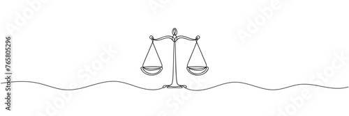 One solid line draws the balance of law and the scope of justice. Libra thin icon. Vector illustration.