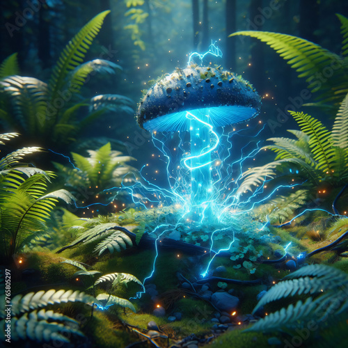 Enigmatic mushroom of the electrical element, surrounded by lightning, embodying energy and mystery.