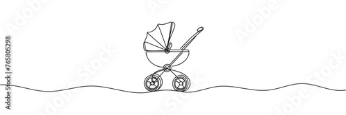 baby stroller woman drawn in one line style. Vector illustration.
