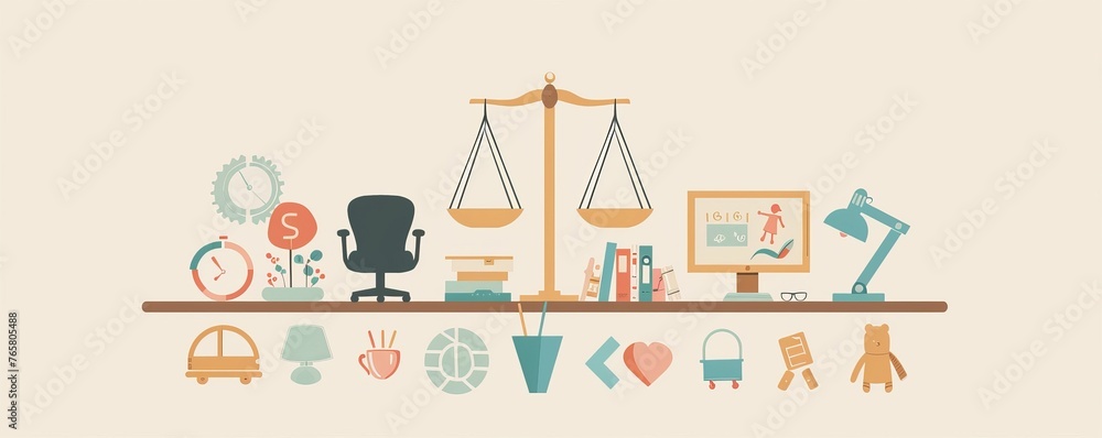 Fototapeta premium A cartoonish illustration of a scale with a clock and a bell on either side