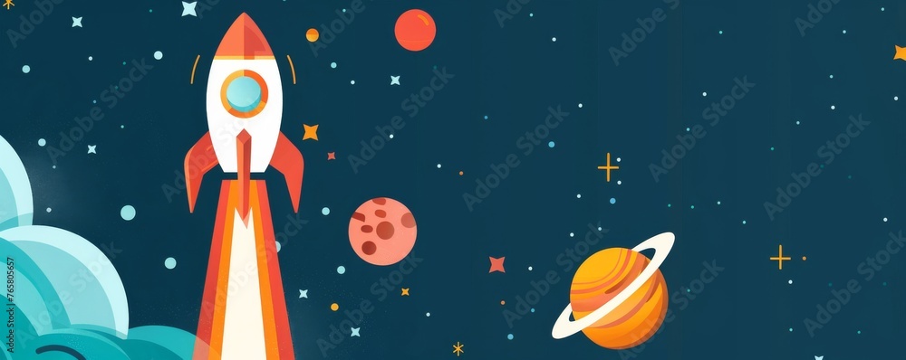 A colorful poster of a rocket launching into space with planets A colorful poster of a rocket launching into space with planets