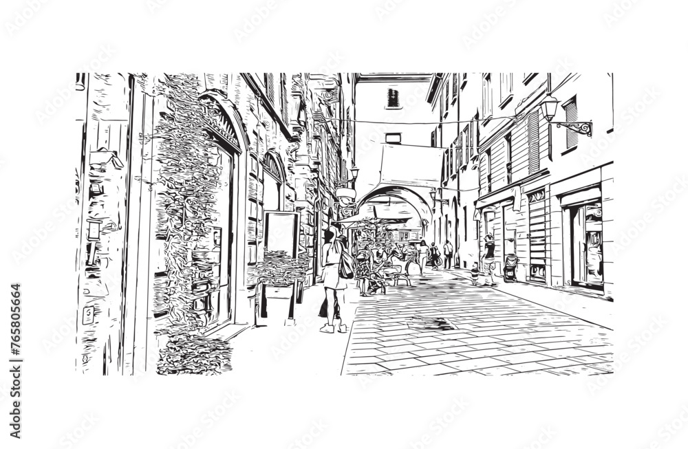 Print Building view with landmark of Reggio Emilia  is a city in northern Italy. Hand drawn sketch illustration in vector.