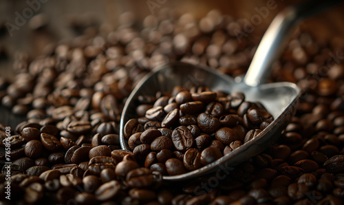 Closeup of coffee beans with scoop in mood lighting 