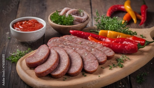 Sliced sausage and vegetables on a rustic wooden board