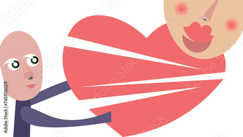 Abstract illustration of a man giving a heart to a woman. Man, love, woman, valentine, confession, falling in love. Abstract romantic illustration.
