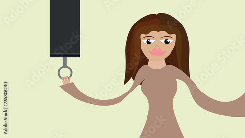 Vector illustration of a woman with long hair. Woman in a dress. Woman on the left side is pulling down the blinds. Place for your own text.