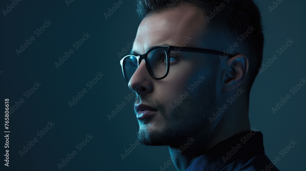 Elegant man with beard wearing glasses smiling in a blue shirt against a dark background. Elegant man with beard wearing glasses smiling in a blue shirt against a dark background.