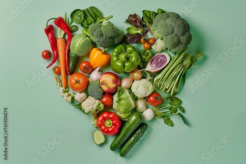 Heart shape made of fresh vegetables on green background. Healthy food concept.
