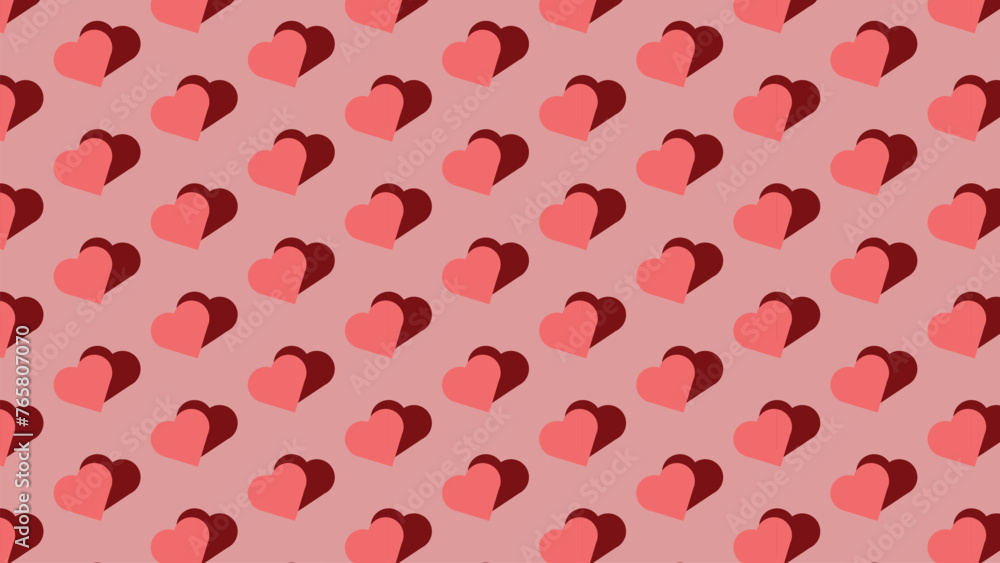 background with hearts spread across the surface. Heart with shadow. Background in shades of pink. Repeating pattern, heart, love, wrapping, fabric