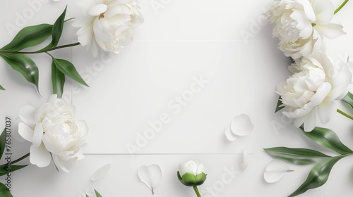 beautiful white blooming peonies with green leaves on a white background