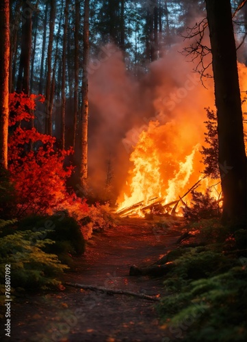 a fire in the woods with a forest fire in the background