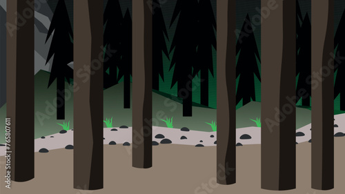 Forest path. Dark forest. Trees, landscape. Dark haunted forest. Forest path with stones. Nature, adventure, discovery, hiking.