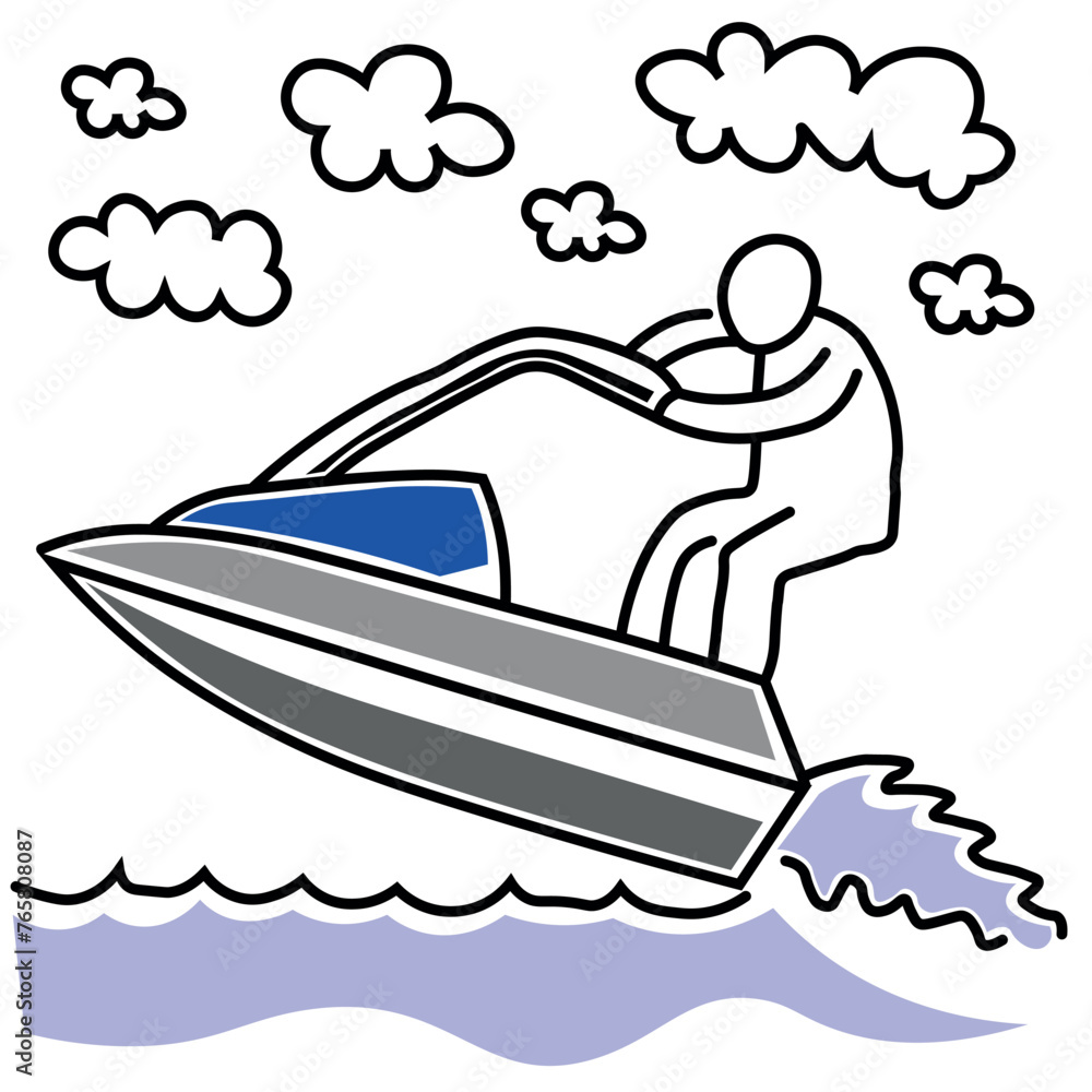 Fototapeta premium Illustration of a man riding a jet ski. Illustration of water fun at sea. Man, jet ski, waves, sea
