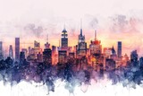 A bustling cityscape at dusk in watercolor, skyline silhouette with warm lights, cool sky tones, urban charm, on white