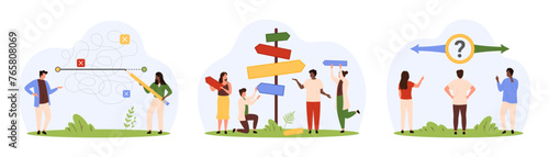 Choice of easy way, right solution and strategy set. Tiny people choose path and direction on crossroads, take shortcuts to simplify task, thinking on goal achievement cartoon vector illustration