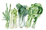 A serene watercolor assortment of bok choy, scallions, and bamboo shoots on white