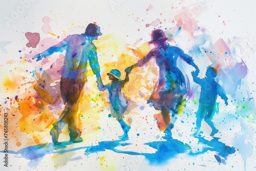 A lively watercolor image of a couple teaching their children to dance, the rhythm and joy of the moment captured beautifully on white