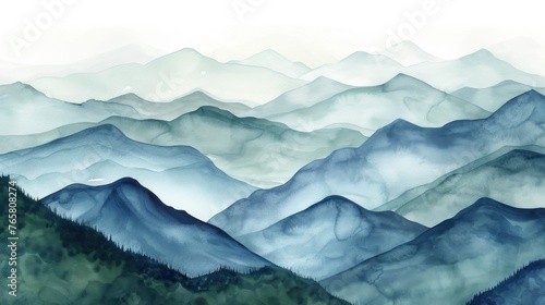 A serene mountain landscape in watercolor  layers of blue and green hills  misty atmosphere  tranquil beauty  on white background