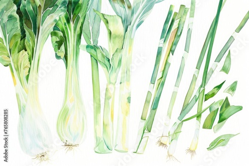 A serene watercolor assortment of bok choy, scallions, and bamboo shoots on white