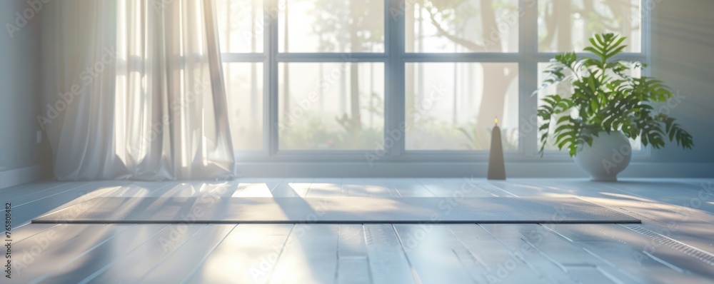 Fototapeta premium A room with a large window and a rug on the floor