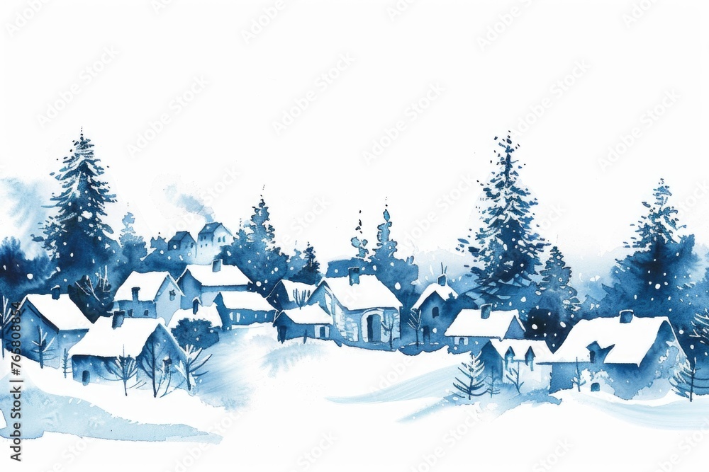 A tranquil watercolor scene of a snowy village, with snowcovered rooftops and pine trees, all against a stark white backdrop