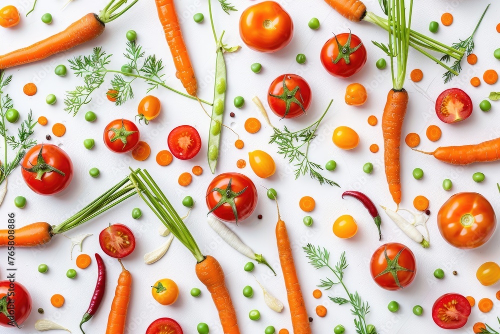 A vibrant mix of carrots, peas, and tomatoes in watercolor, scattered loosely, pure white backdrop - obrazy, fototapety, plakaty 
