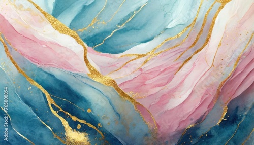 Abstract watercolor paint background pastel blue aquamarine, pink color and golden. 