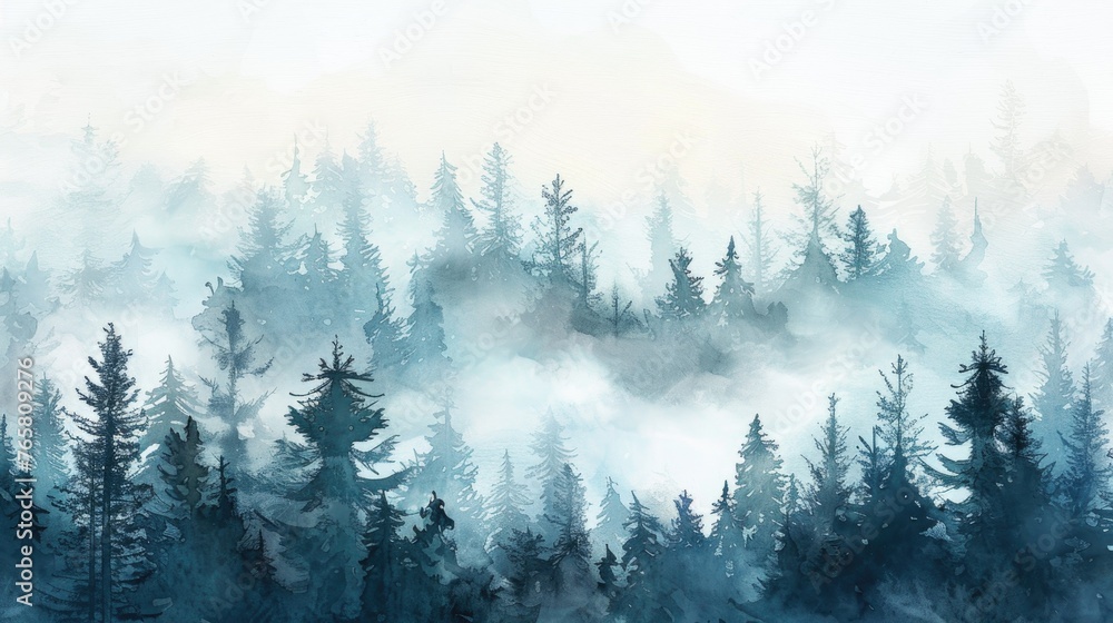 A watercolor masterpiece capturing the ethereal beauty of a misty forest at dawn, all depicted on a pristine white background
