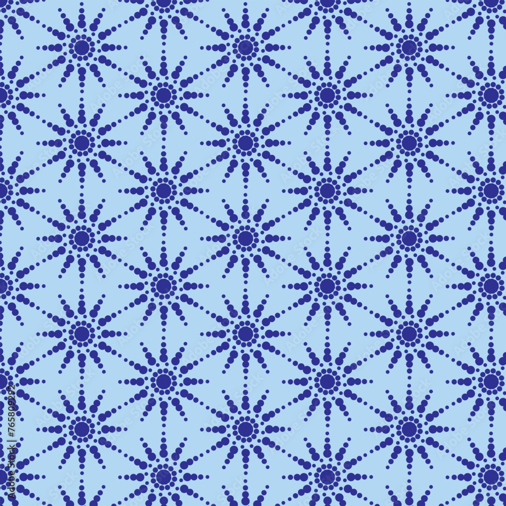 Fototapeta premium Geometric repeating background. Retro background with blue objects. Seamless blue pattern, sun, flower. 