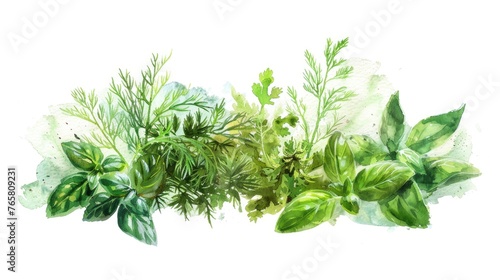 A watercolor fantasy of mixed herbs cilantro, dill, and basil, on a white background
