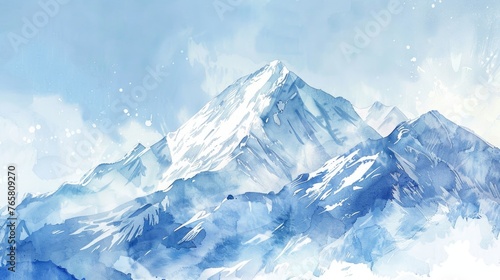 A watercolor landscape showing a snowy mountain peak under a clear blue sky, on a white background © Pungu x