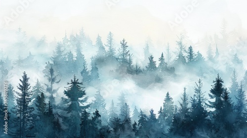A watercolor masterpiece capturing the ethereal beauty of a misty forest at dawn, all depicted on a pristine white background © Pungu x