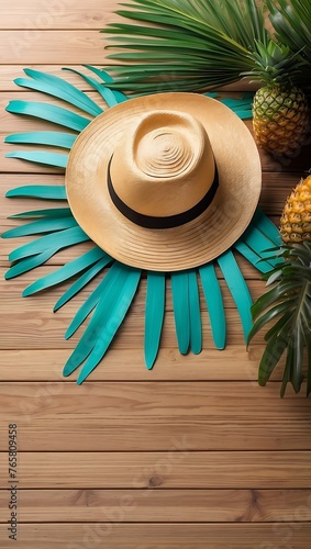  A hat and sunglasses next to a pineapple.