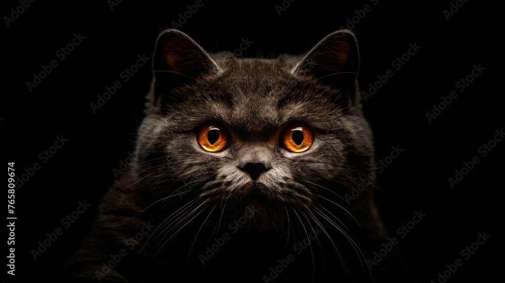 Majestic British Shorthair cat with striking orange eyes, poised elegantly against a dark backdrop, exuding grace and mystery. Majestic British Shorthair cat with striking orange eyes, poised elegantly against a dark backdrop, exuding grace and mystery.
