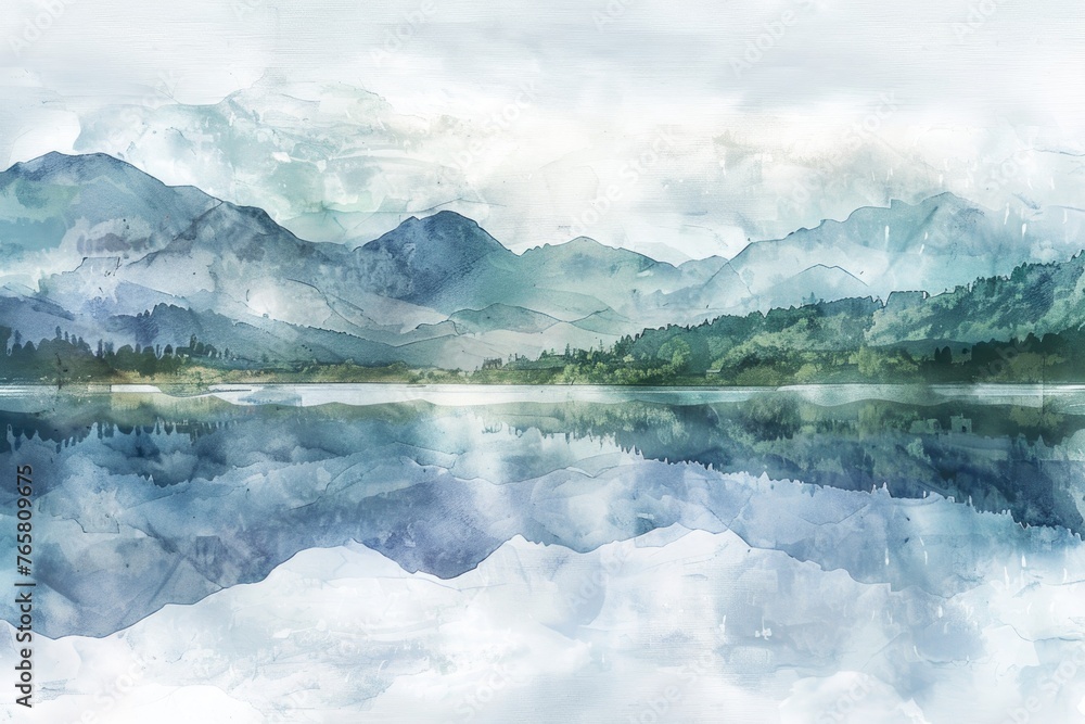 An artistic watercolor interpretation of a serene lakeside view, with reflections of mountains in the still water, on a white canvas An artistic watercolor interpretation of a serene lakeside view, with reflections of mountains in the still water, on a white canvas