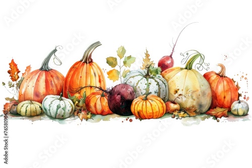 An artistic watercolor display of pumpkins, squashes, and beets, set against a white background