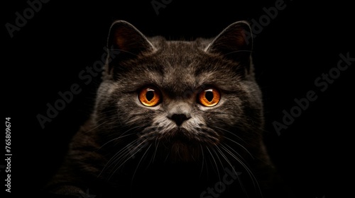 Majestic British Shorthair cat with striking orange eyes, poised elegantly against a dark backdrop, exuding grace and mystery.