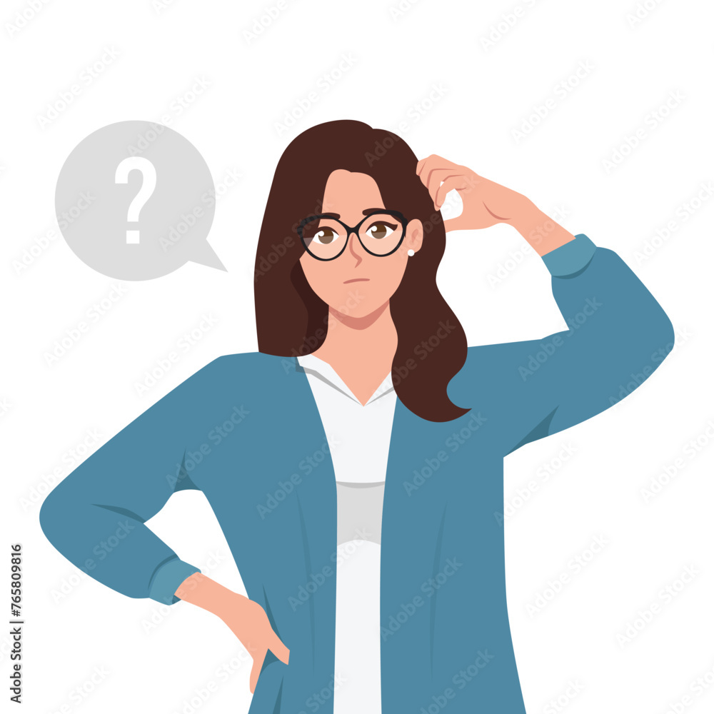 Young brunette woman scratching her head. Puzzled girl scraping hair, feeling doubt or hesitating. Flat Vector Illustration Isolated on White Background Young brunette woman scratching her head. Puzzled girl scraping hair, feeling doubt or hesitating. Flat Vector Illustration Isolated on White Background