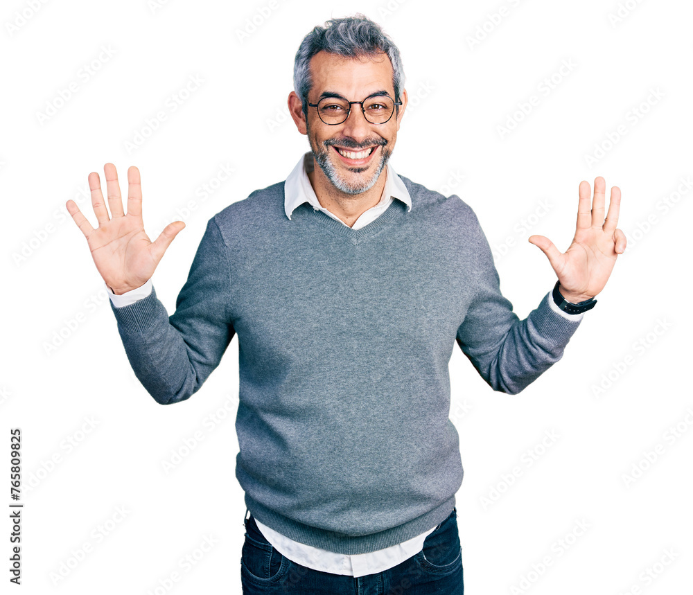 Naklejka premium Middle age hispanic with grey hair wearing glasses showing and pointing up with fingers number nine while smiling confident and happy.