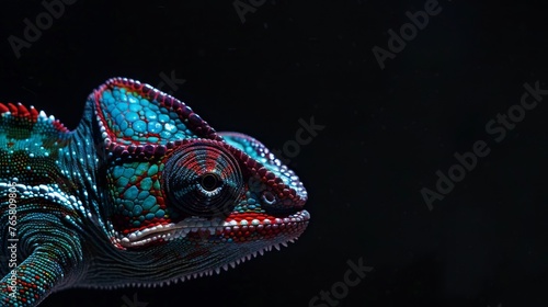 A sleek Panther Chameleon perched on a branch, its vibrant colors popping dramatically against the dark, mysterious background.